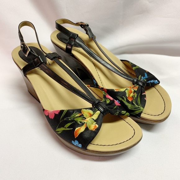 Dansko Shoes - Dansko Naomi Black Leather Fabric Flower Wedge